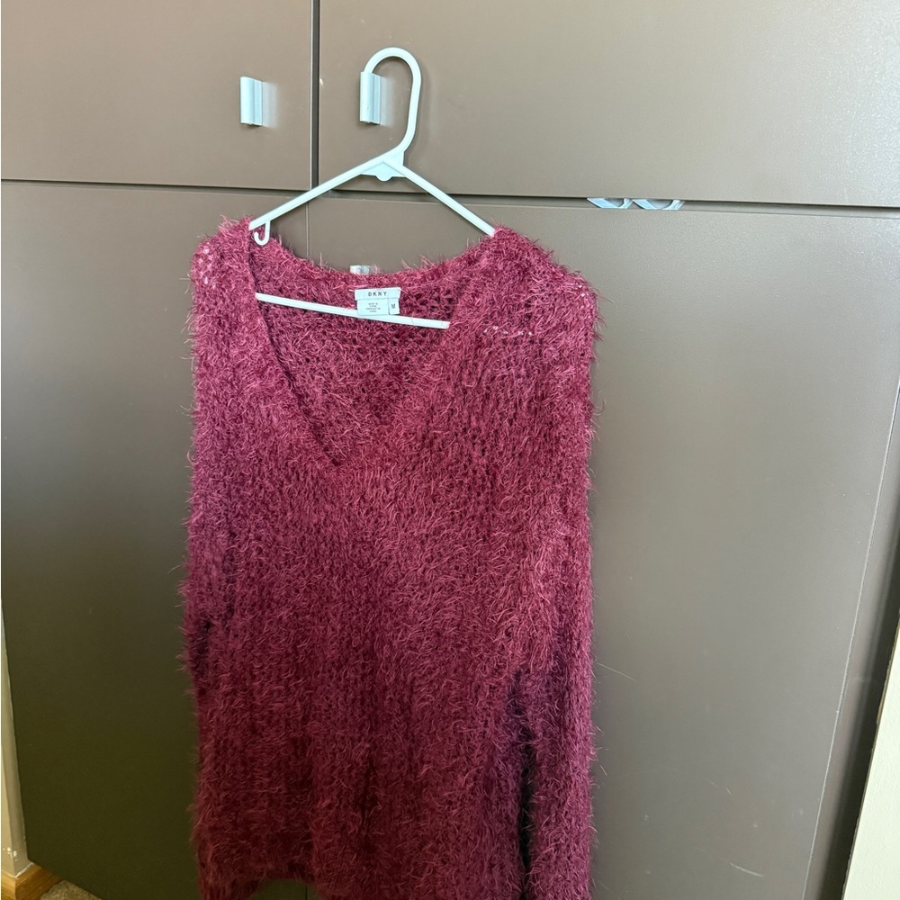 DKNY Maroon Fuzzy V-Neck Sweater